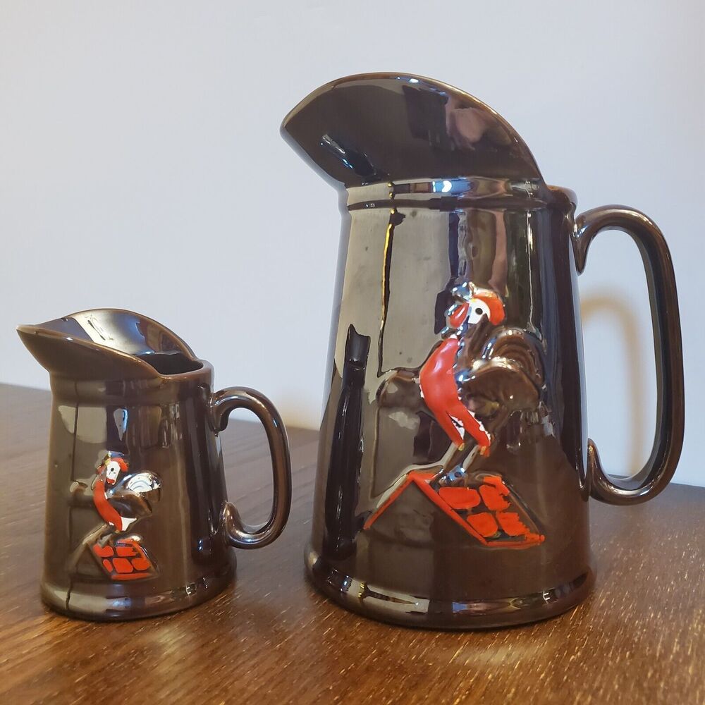 Vintage Ceramic Syrup Serving 2 Pitchers 🐓‎ Roosters Brown Glaze SET - Picture 8 of 16